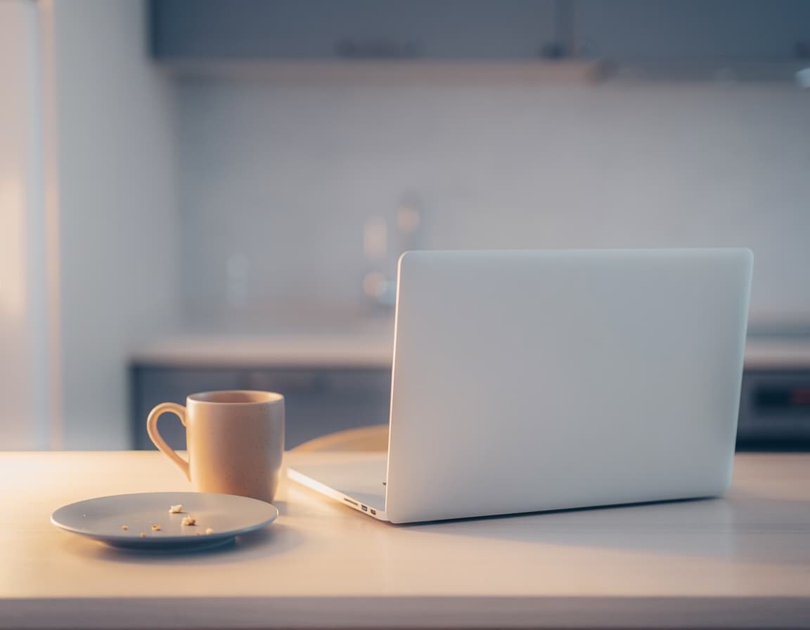 A kitchen table in the evening, laptop closed, a mug and a plate