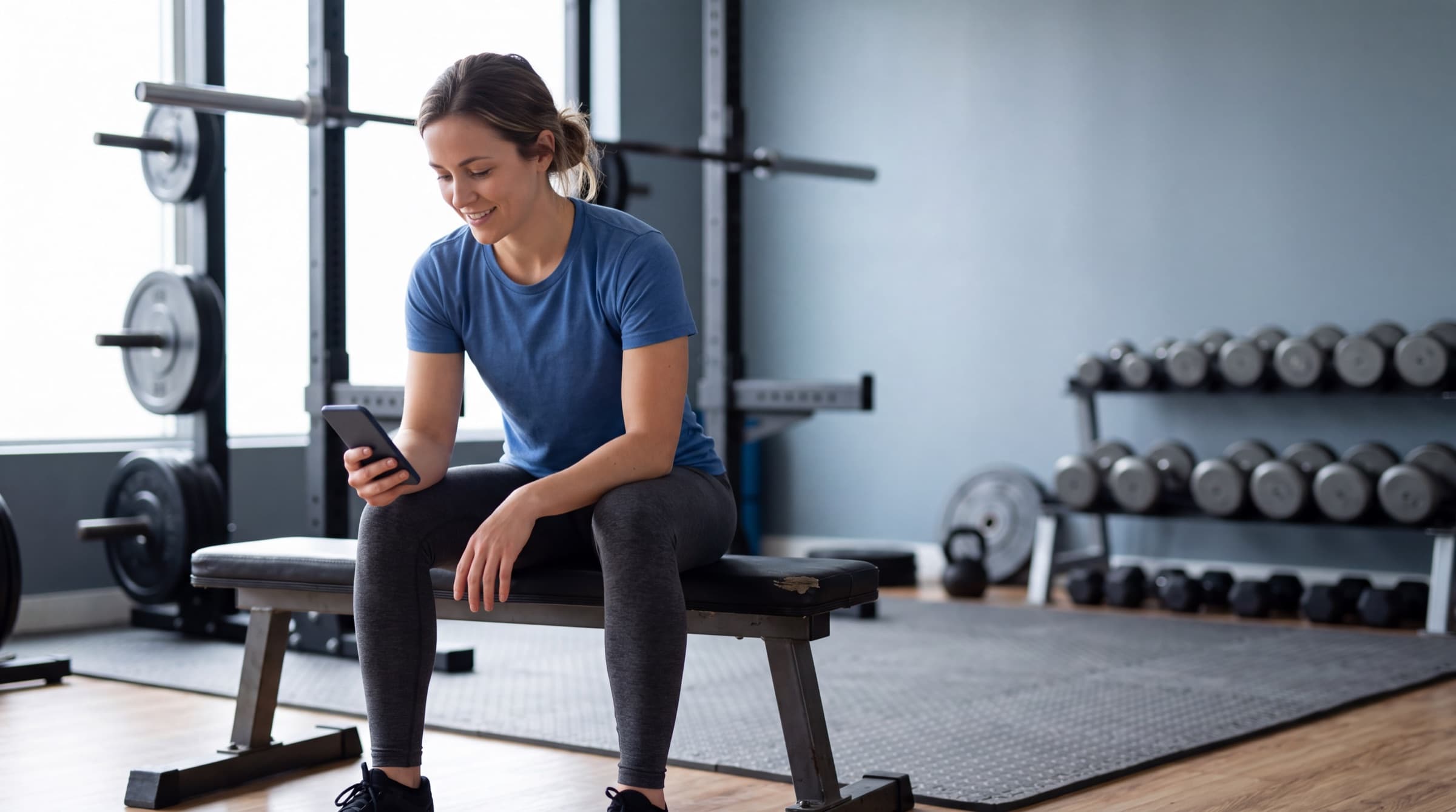 A trainer sitting on a bench in a quiet studio, phone in hand between sessions