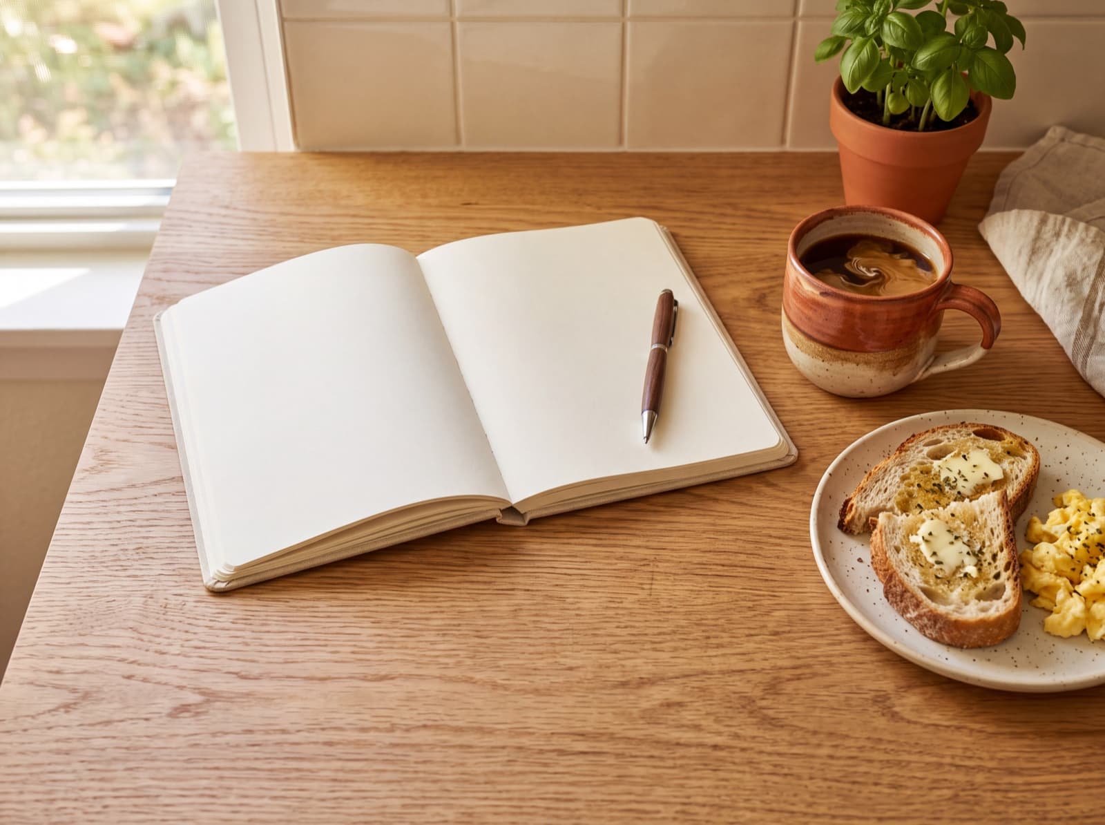 A kitchen counter with an open notebook, coffee and a simple plate of food