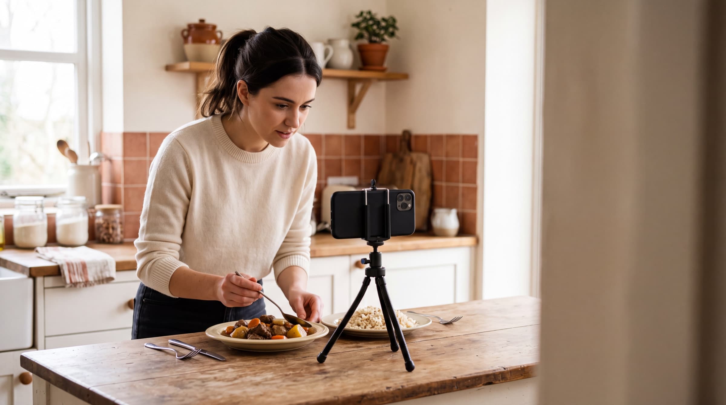 A creator filming a home cooked meal on a phone in a bright kitchen