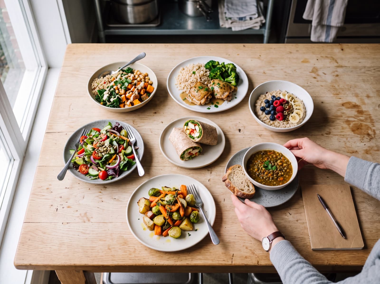 A table of everyday meals seen from above, with a notebook beside them