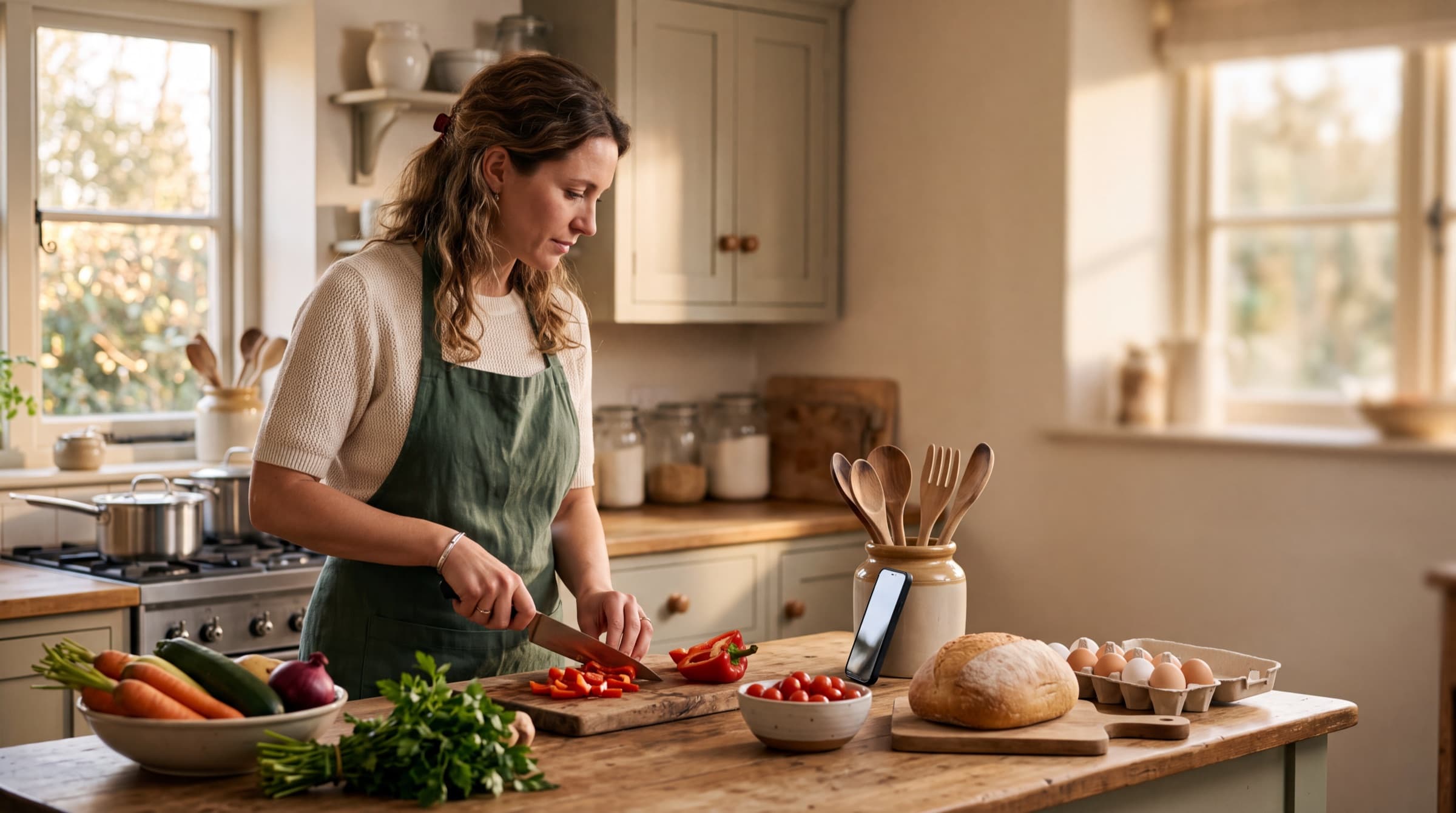 Someone cooking a simple dinner at home, groceries on the counter and a phone propped up beside them