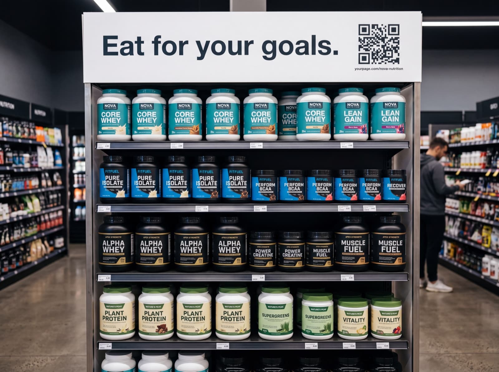 A shelf end cap in a nutrition shop under a branded meal plan sign