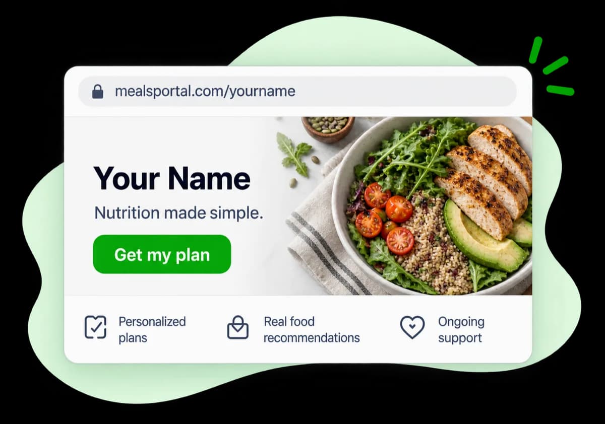 A branded page: your name, your photo, a button that says Get my plan